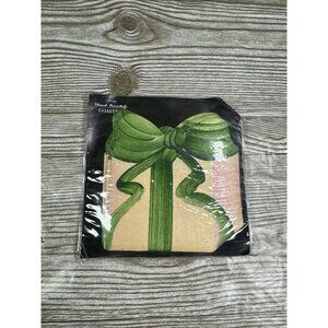 Vintage Carole Shiber Hand-Painted Green Peach Christmas Gift Coasters Set of 4